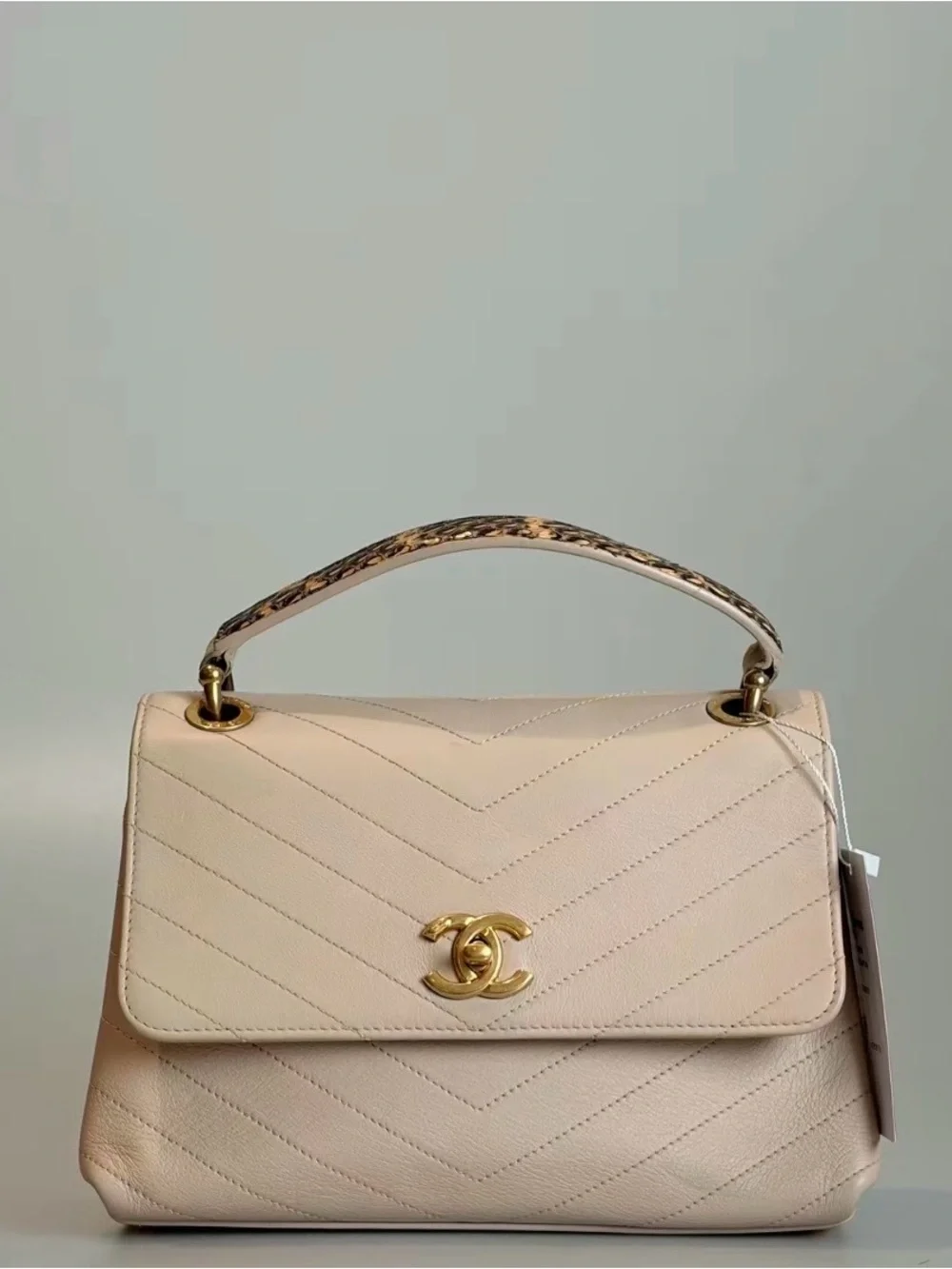 CHANEL Beige Chevron Quilted Top-Handle Satchel with Gold Hardware